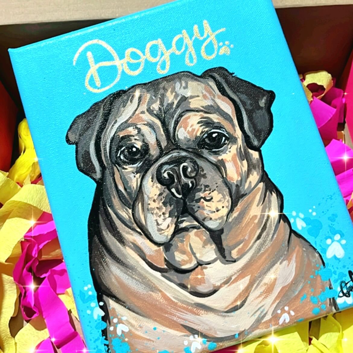 Retrato pintado de un pug con fondo azul