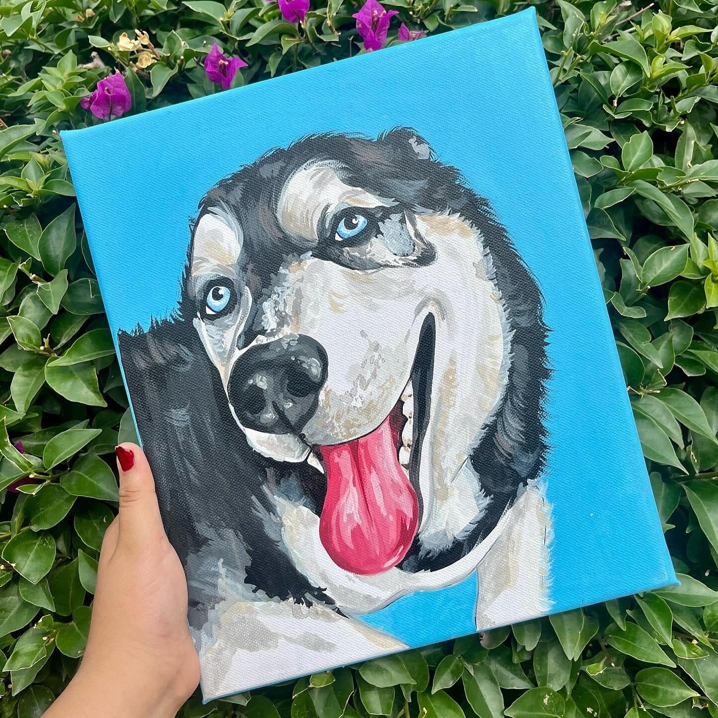 Retrato pintado de un husky con la lengua de fuera