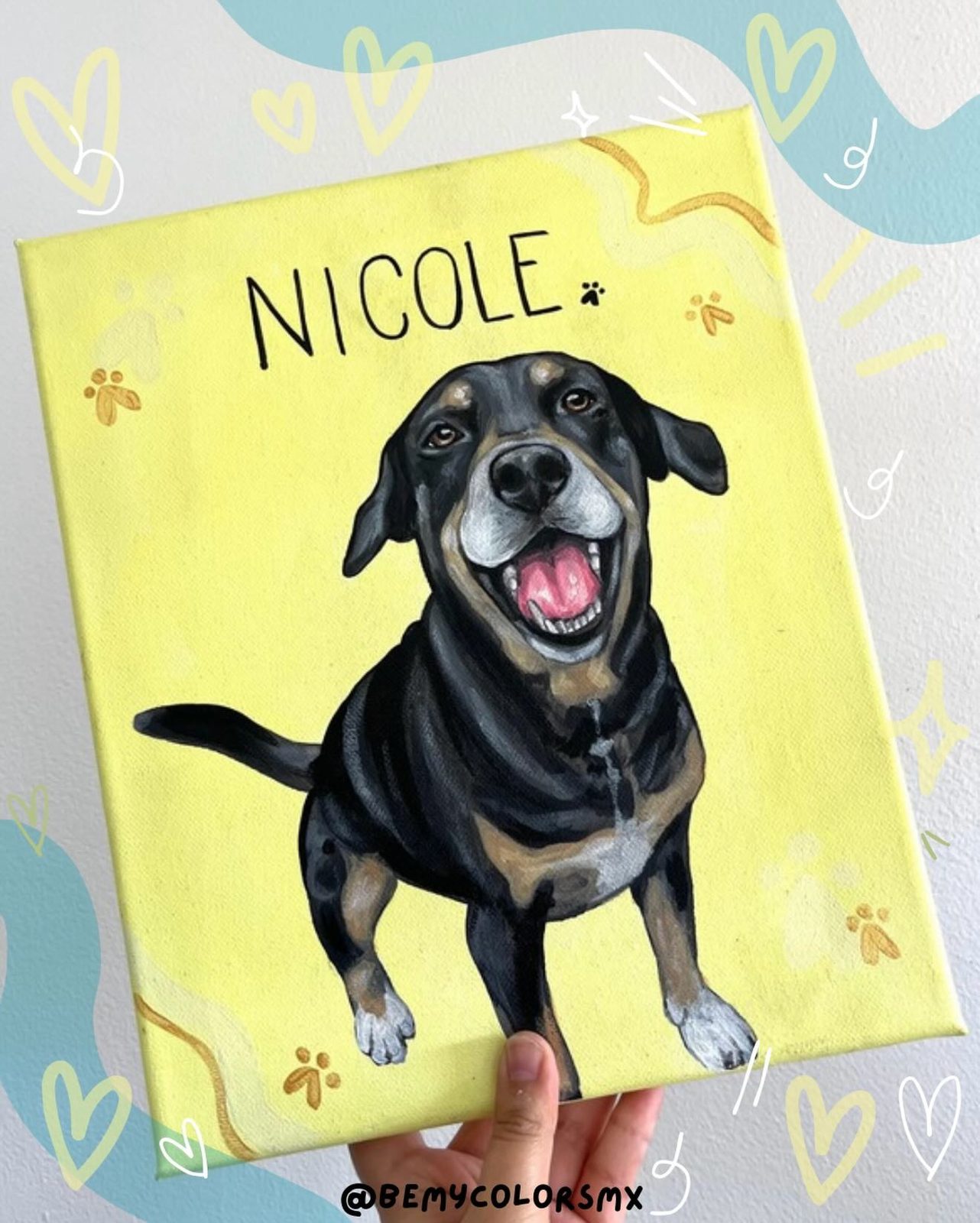 Retrato pintado de una perrita negra sobre fondo amarillo