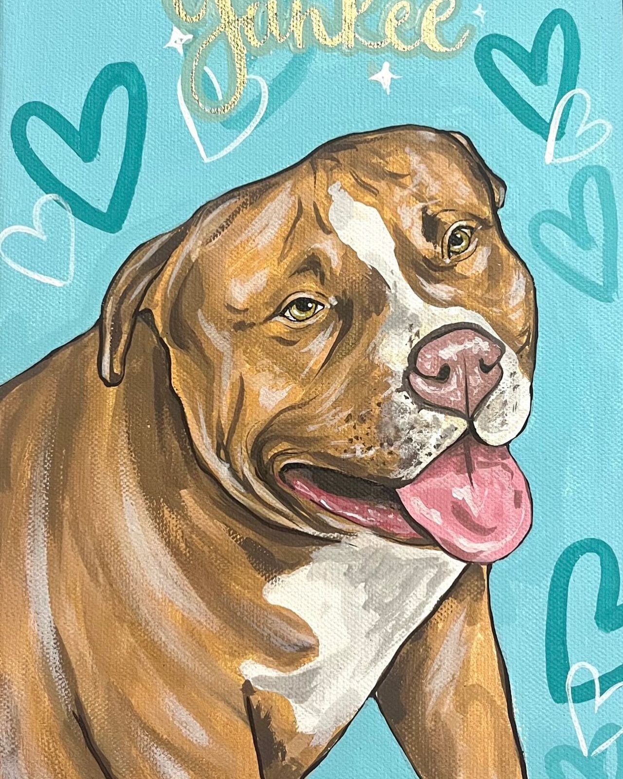 Retrato pintado de un pitbull café con fondo turquesa