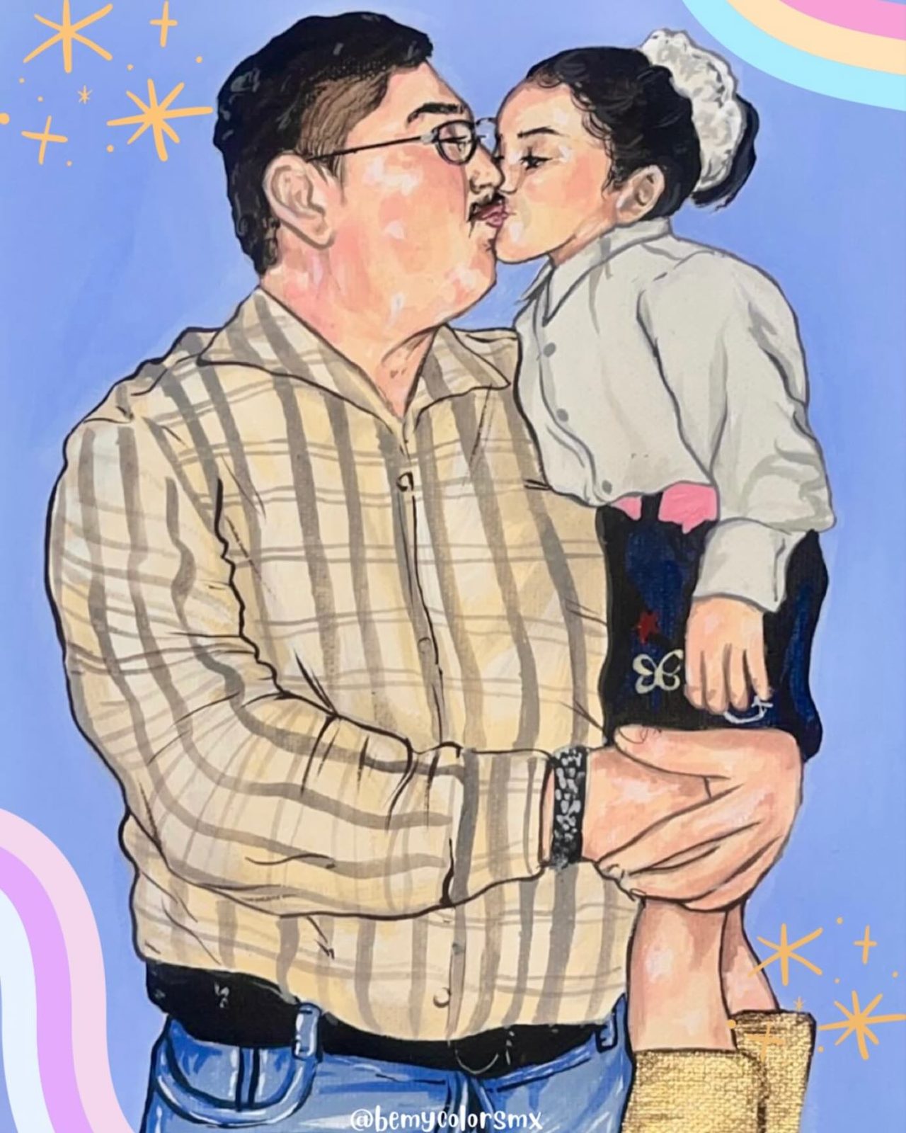 Retrato pintado de un papá cargando a su hija