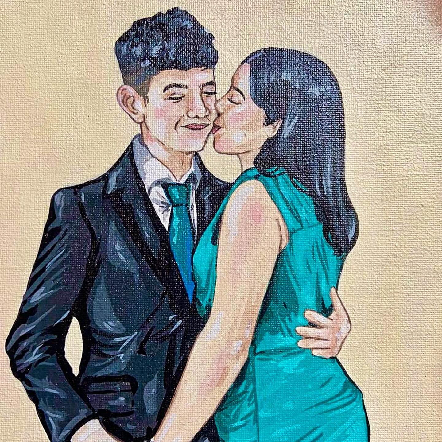 Retrato pintado de una pareja dándose un beso